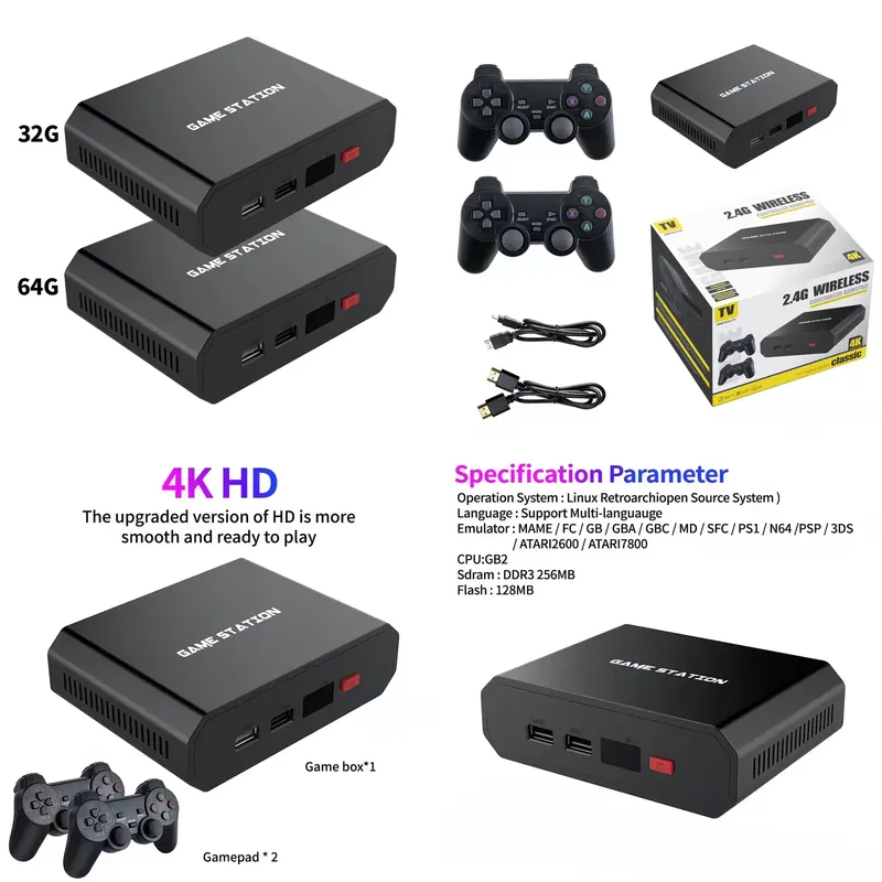 Gaming Console In - M8plus HDビデオゲームコンソールボックス 2.4GデュアルワイヤレスコントローラーゲームパッドTV 32G/64G 10000シミュレーターゲームプレーヤーセットアクセサリー